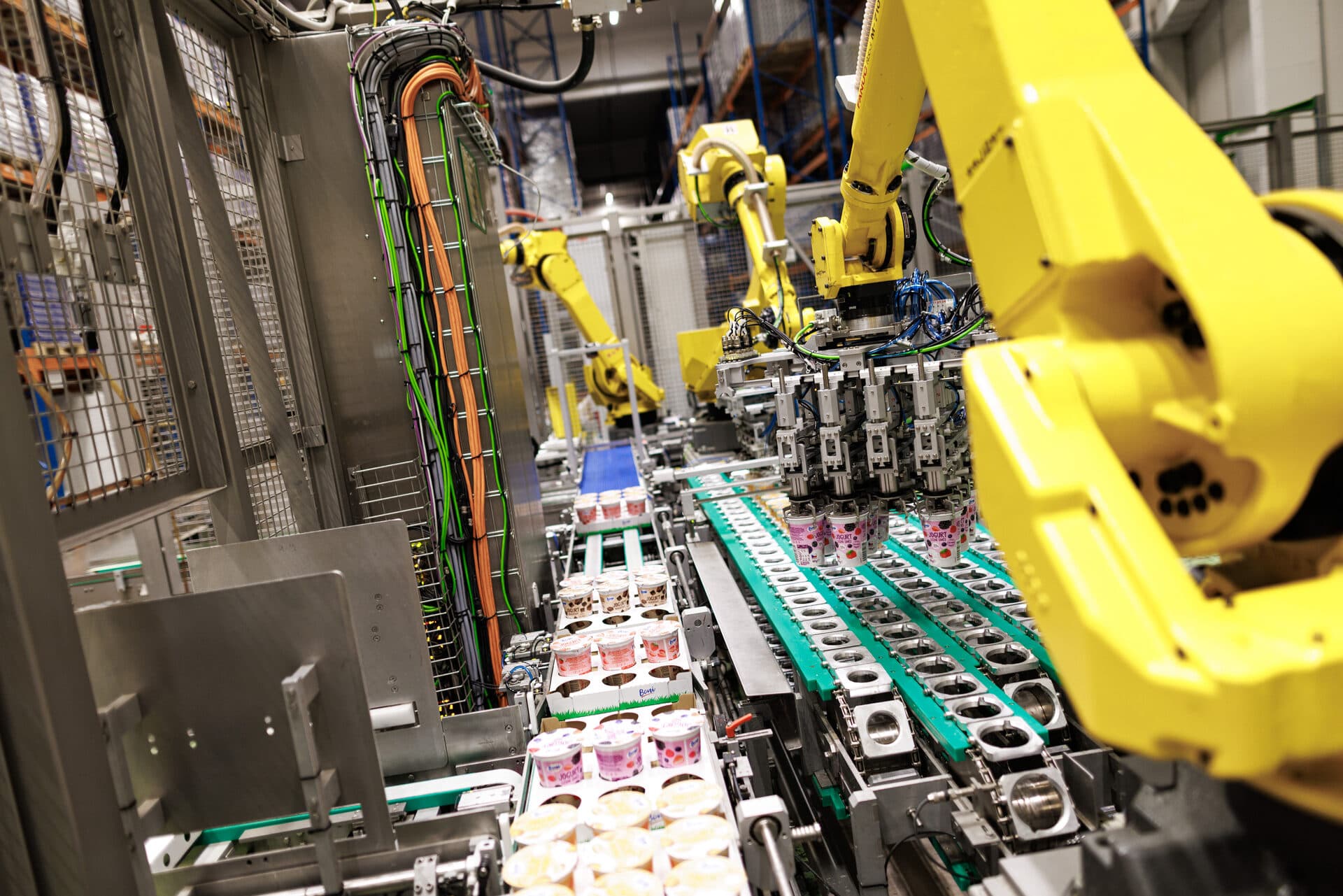 Robotic arms packing yogurt cups on a HOPI VAS production line